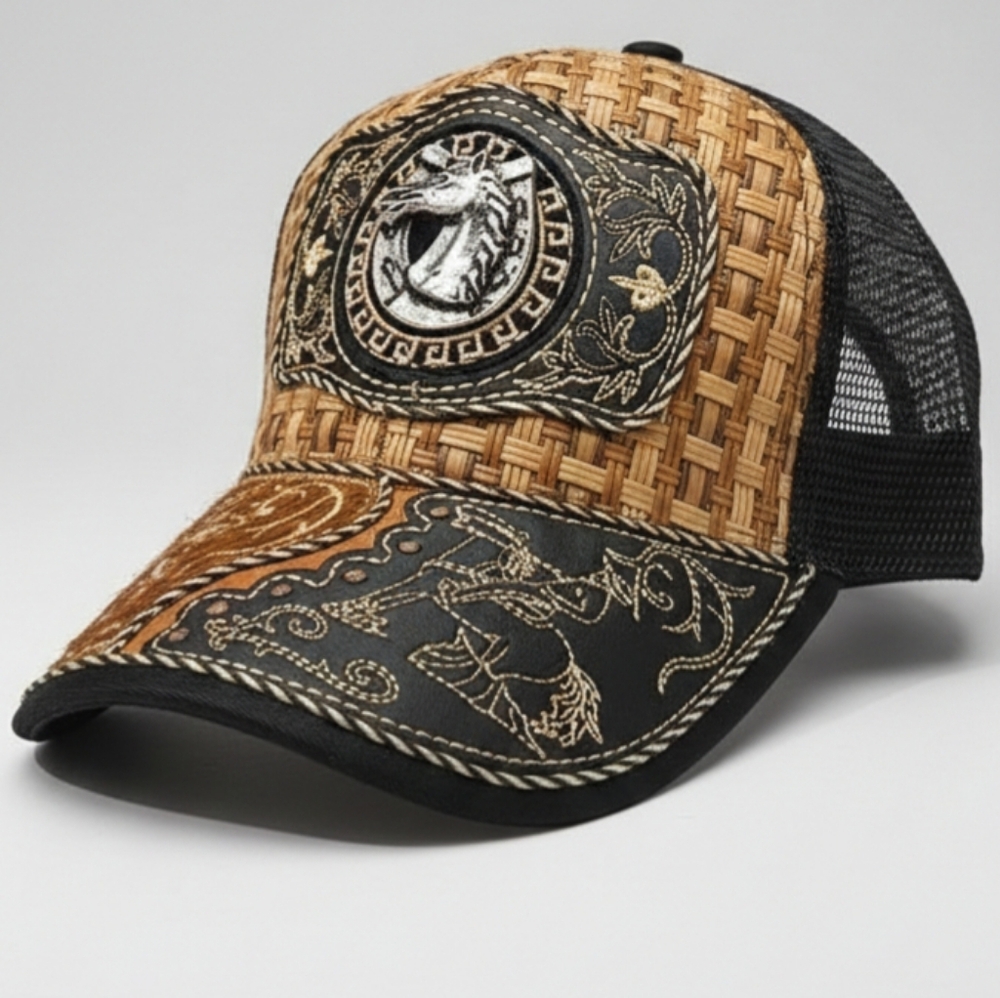 Gorra Black Mesh Straw Trucker Hat Silver Tone Horse Buckle Embroidered Brim - Picture 1 of 10